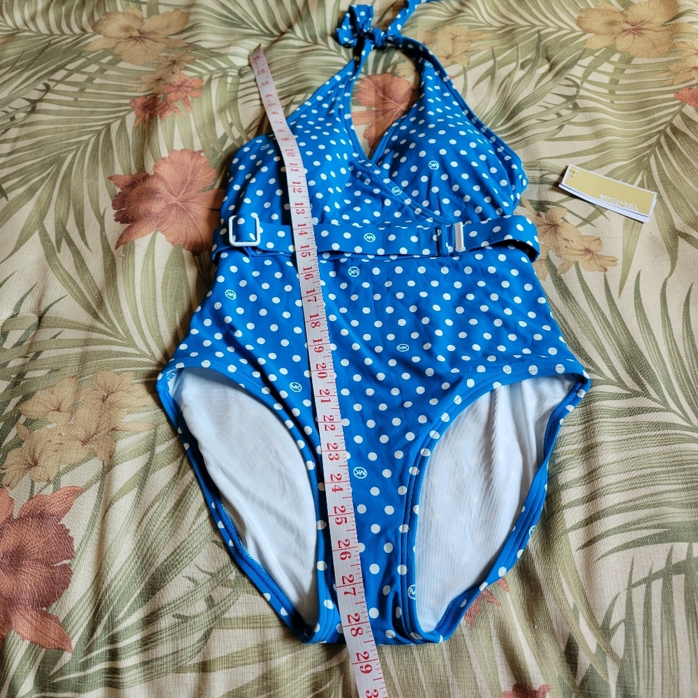 Michael Kors Polka Dot One Piece Swimwear Belt Halter Cyan Blue White 10 - Picture 12 of 13